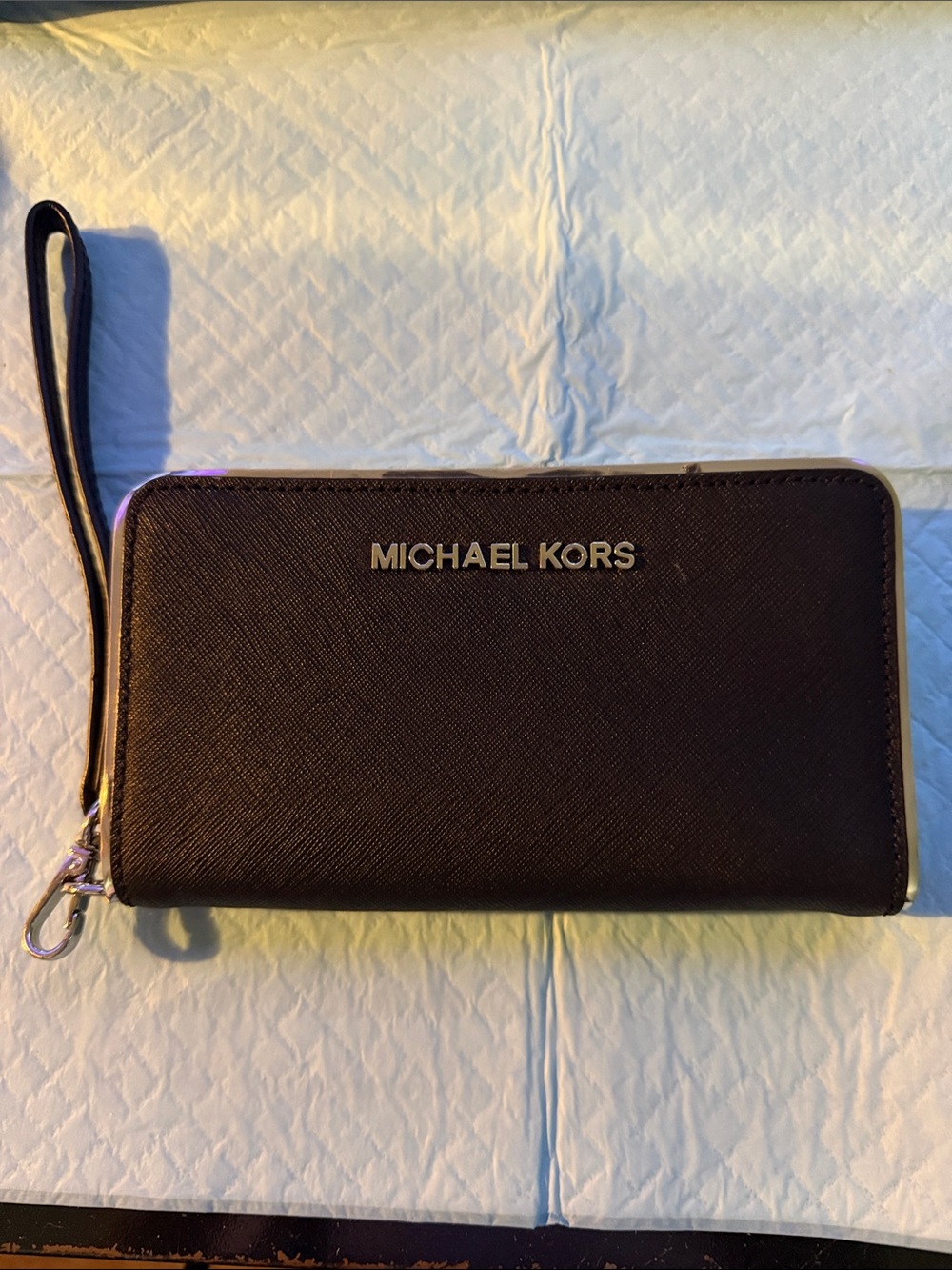 Michael Kors Black Leather Wristlet with Gold-Tone Logo